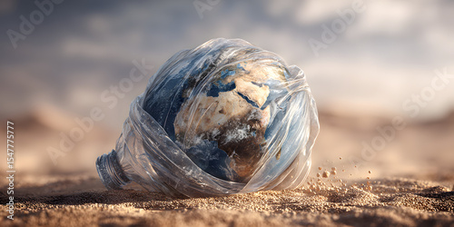 A planet in Plastic: A poignant visual of Earth, trapped inside a plastic bag, lies on a desolate landscape, symbolizing the urgent need to confront environmental degradation and pollution. 