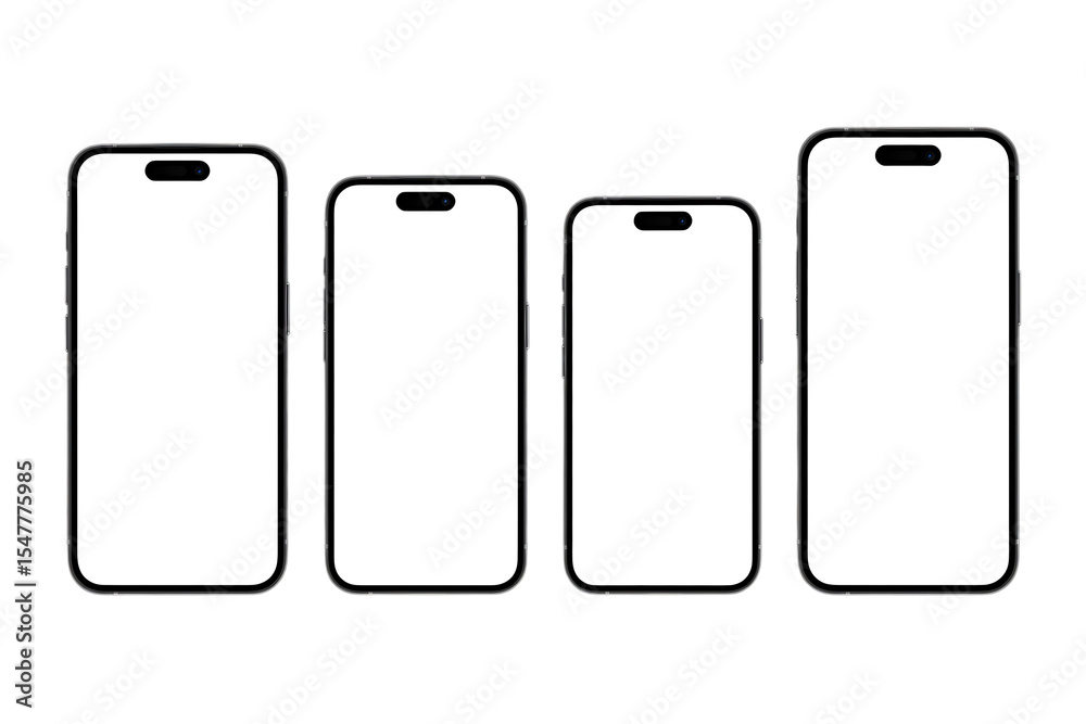 Four smartphones mockup different sizes isolated on transparent background Four smartphones mockup different sizes isolated on transparent background