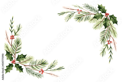 Watercolor christmas holly and pine wreath corner isolated on transparent background