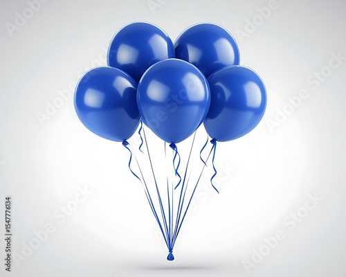 Several glossy blue balloons tied together with long ribbons