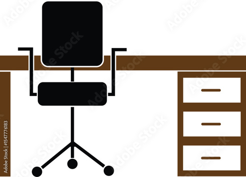 Modern Office Desk with Rolling Chair and Drawers – Flat Icon Vector