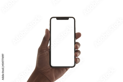 Hand holding smartphone with blank screen isolated on transparent background