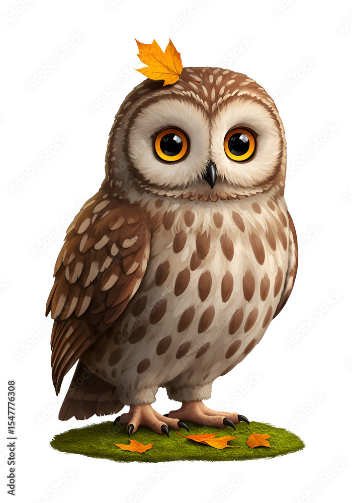 Fototapeta premium Cute owl with autumnal leaf resting on its head, standing on a patch of moss with fallen leaves. Wildlife subject with autumnal setting. Educational resource for children -