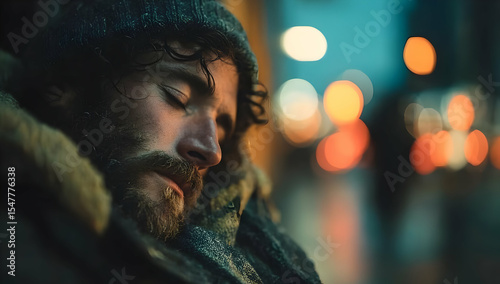 A man resting peacefully on the street, highlighting the challenges of homelessness in urban life during the evening.