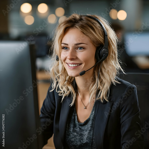 A cheerful woman in a headset provides exceptional customer support at her desk, showcasing professionalism in a modern office setting.