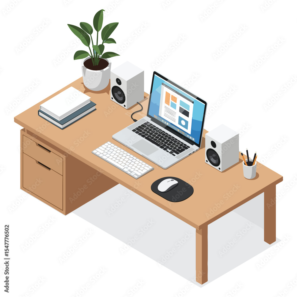 Light Wood Desk Isometric Laptop Computer Speakers Plant Books Keyboard Mouse