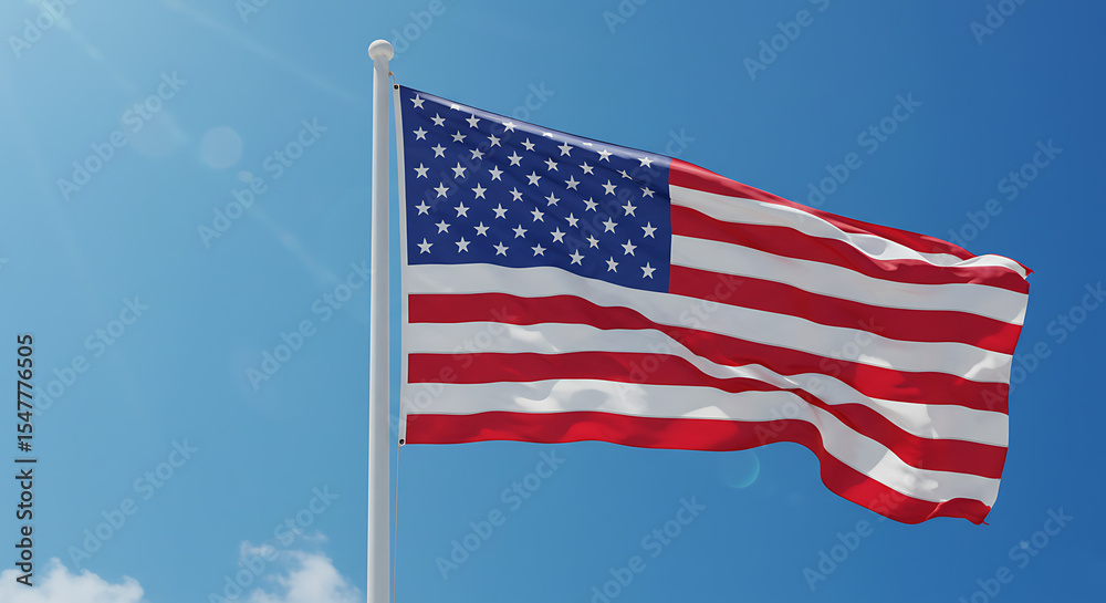 Fototapeta premium American flag waving proudly in a clear blue sky.