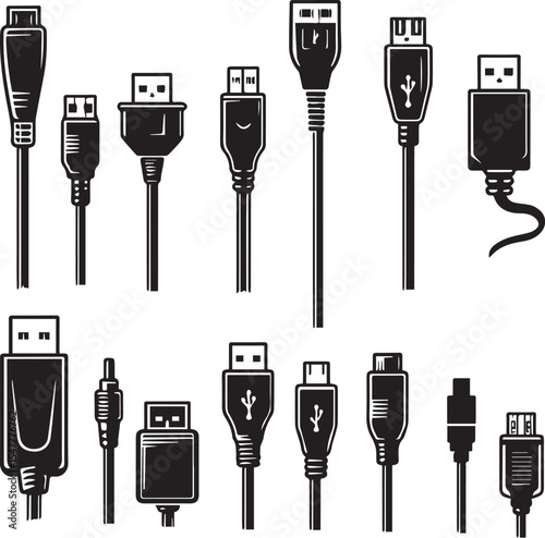 Electronic cables, computer connectors, black silhouettes, tech accessories, USB plugs vector