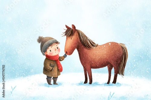 Winter Wonderland Child and Pony Share a Gentle Moment in the Snow