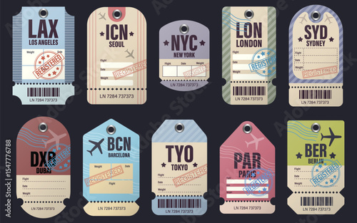 Set of Retro Luggage Tags with International Airport Codes. Vector illustration of vintage-style luggage tags with global airport codes, flight details, and colorful travel stamps.