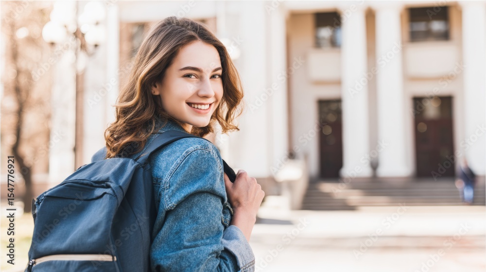 Obraz premium Young caucasian female student with backpack smiling outside university campus
