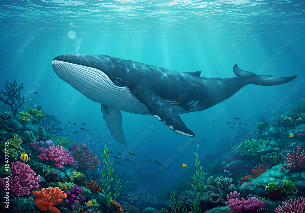 Fototapeta premium Humpback whale swimming amongst vibrant coral reef in the ocean. Majestic creature glides gracefully through the underwater world, showcasing diverse marine life and coral formations.