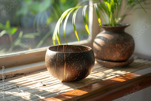 Polished coconut shell cup on bamboo high resolution picture