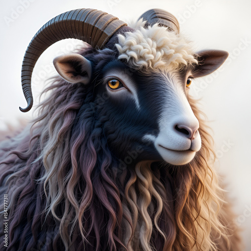Striking Long-Haired Multi-Colored Sheep with Golden Eyes.
