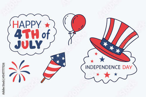 Fourth of July Clipart Red White Blue Uncle Sams Hat Balloons Fireworks