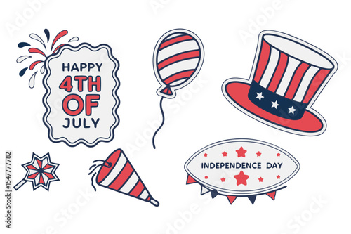 Fourth of July Red White Blue Party Icons Uncle Sam Hat Balloon Fireworks