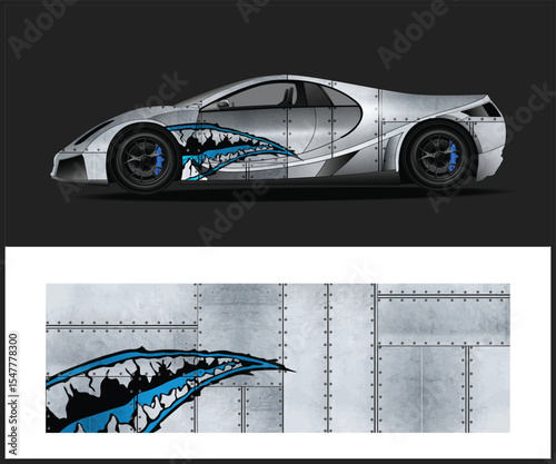 Sport Car Wrap Design with Metal Texture and Shark Teeth Graphic