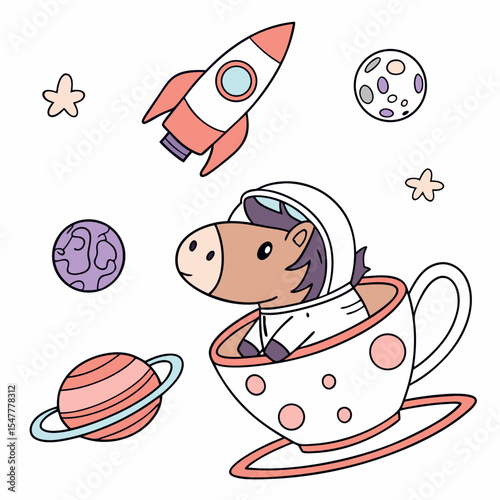 Delightful Silly Horse in a Space explorer scene with in a teacup – Cosmic Pastels vector illustration