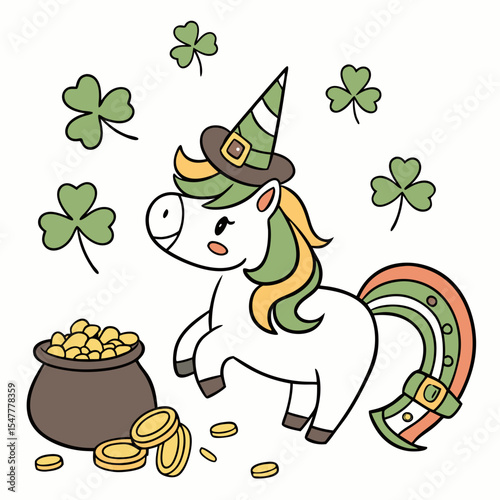 Whimsical Horse feeling Funny in a St. Patrick's Day setting with wearing a party hat – colored in Clover Cheer