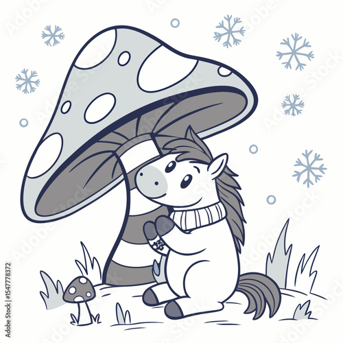 Charming SVG of a Relaxed Horse featuring under a mushroom, styled in a Cozy winter theme with Frosty Winter hues
