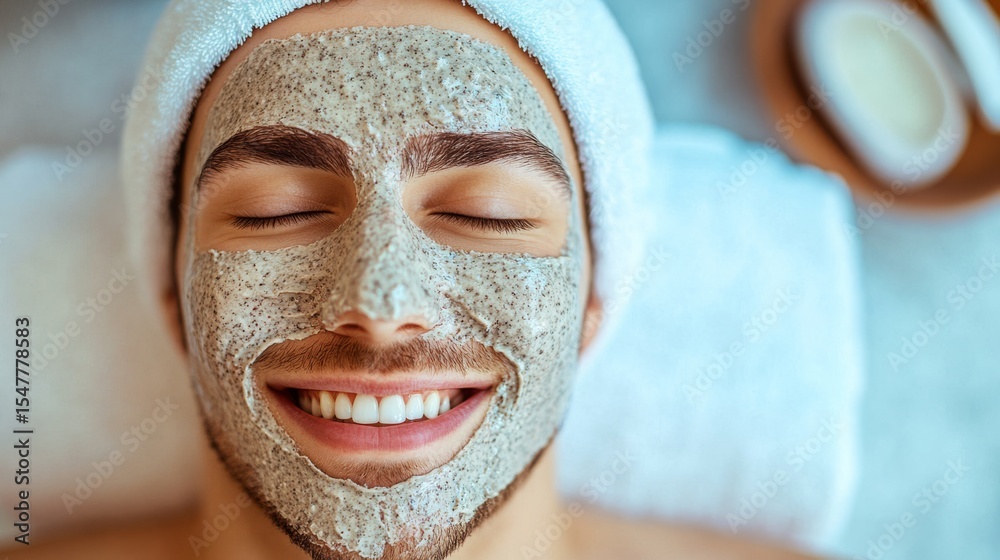 Fototapeta premium Man's Face Scrub Mask Treatment, skincare routine, facial