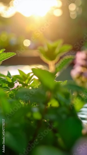 Fresh green mint leaves and purple flowers in soft golden sunlight growing in a garden during summer with blurred background