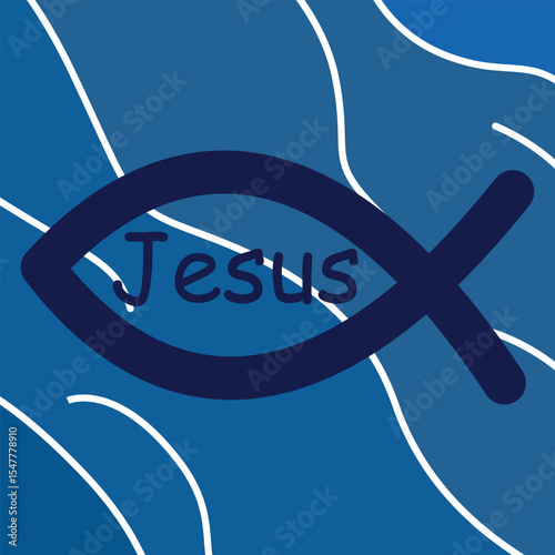 Christian fish symbol with the word "Jesus" on a blue abstract background with flowing white lines. Simple, bold design for faith-based projects.