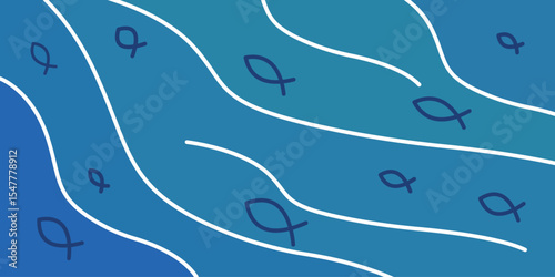 Abstract illustration of a blue river with flowing white lines and simple fish shapes, symbolizing water movement and aquatic life in a minimalist style.