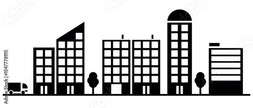 Black illustration of a cityscape with modern buildings, trees and a delivery truck representing concepts of urban infrastructure, real estate or metropolitan lifestyle.