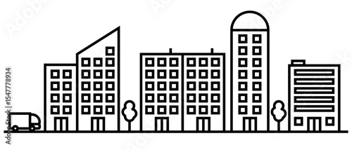 Outlined cityscape illustration with modern buildings, trees, and a delivery truck, representing urban infrastructure, real estate, or metropolitan lifestyle concepts.