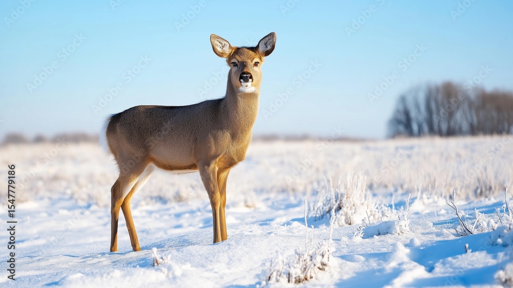 Obraz premium A young deer is seen in a snowy field, looking alert under a bright blue sky.