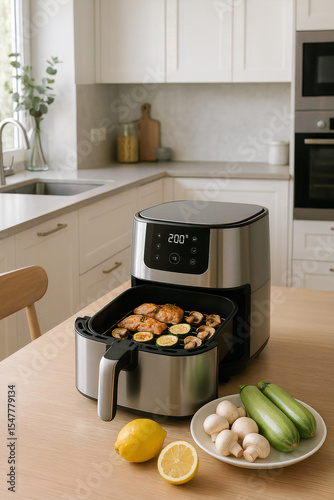 Modern silver air fryer cooking chicken, zucchini, and mushrooms in a bright kitchen. Healthy homemade meal prep with fresh vegetables and digital temperature control