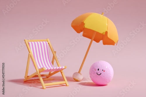 Summer Vacation Beach Chair, Umbrella, and Happy Ball 3D Render