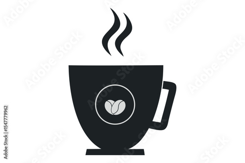 Hot espresso coffee in a white mug with steam, perfect for a cozy breakfast cafe icon or symbol