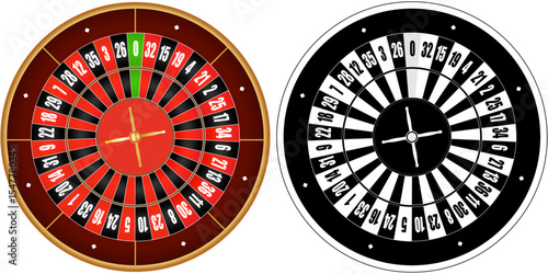 Roulette wheels in colour and black and white, Gambling or gaming concept element