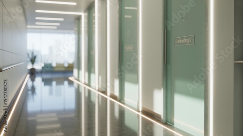 Modern Office Corridor with Frosted Glass Doors and Recessed Lighting