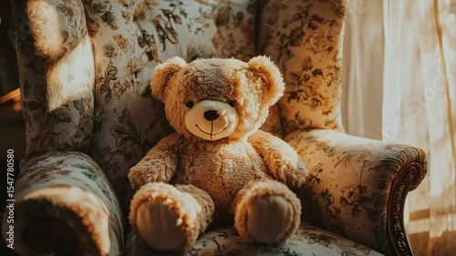 Light brown teddy bear sits in a floral armchair, bathed in sunlight