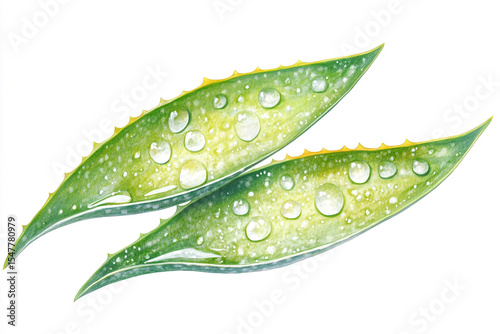 Two aloe vera leaves with water drops, fresh, isolated white background