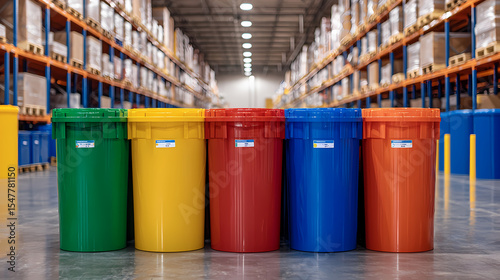 A row of colorful recycling bins in a large, well-lit warehouse with shelves stocked with boxes on either side.