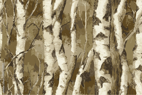 A realistic camouflage pattern featuring white birch trees, with a seamless repeating design. Real Trek-style wallpaper, camouflage background with birch tree branches, close-up, realistic.