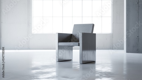 Minimalist Concrete Chair in an Empty Room with Large Windows