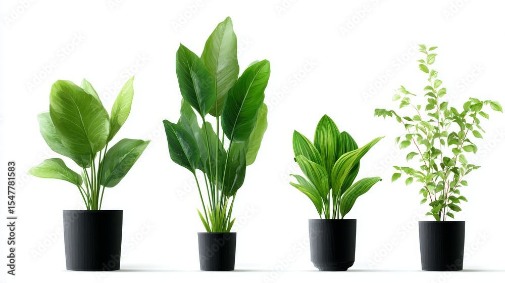 Obraz premium A collection of beautiful house plants in black pots arranged neatly. Each plant varies in size and shape. Ideal for home decor or gardening inspiration. Bring nature indoors. AI