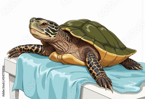 Turtle resting on blue cloth surface with a relaxed posture  