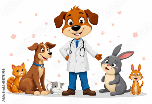 Cartoon veterinarian dog with various happy animals in clinic  