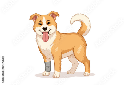 Happy dog with a bandaged leg standing on a white background  