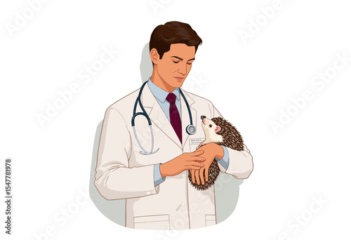 Young male veterinarian holding hedgehog in clinic setting  