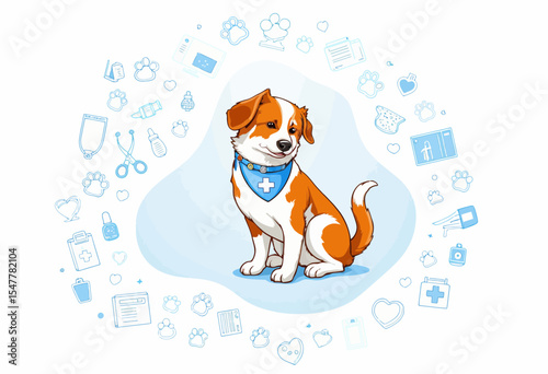 Cartoon dog sitting with pet care icons in soft blue background  