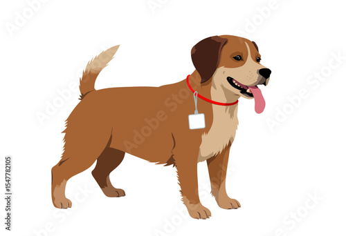 Cartoon dog standing with tongue out and collar tag  