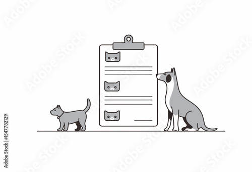 Dog and cat next to a checklist on clipboard in minimalist style  