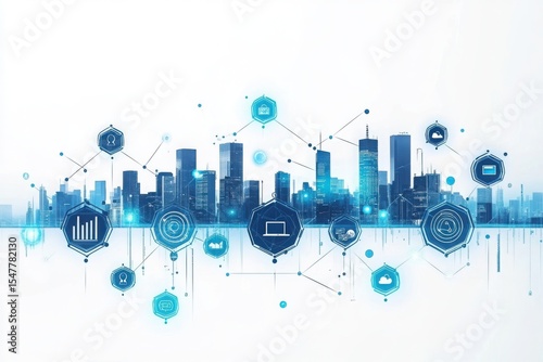 Cityscape with digital network overlay and futuristic technology icons design